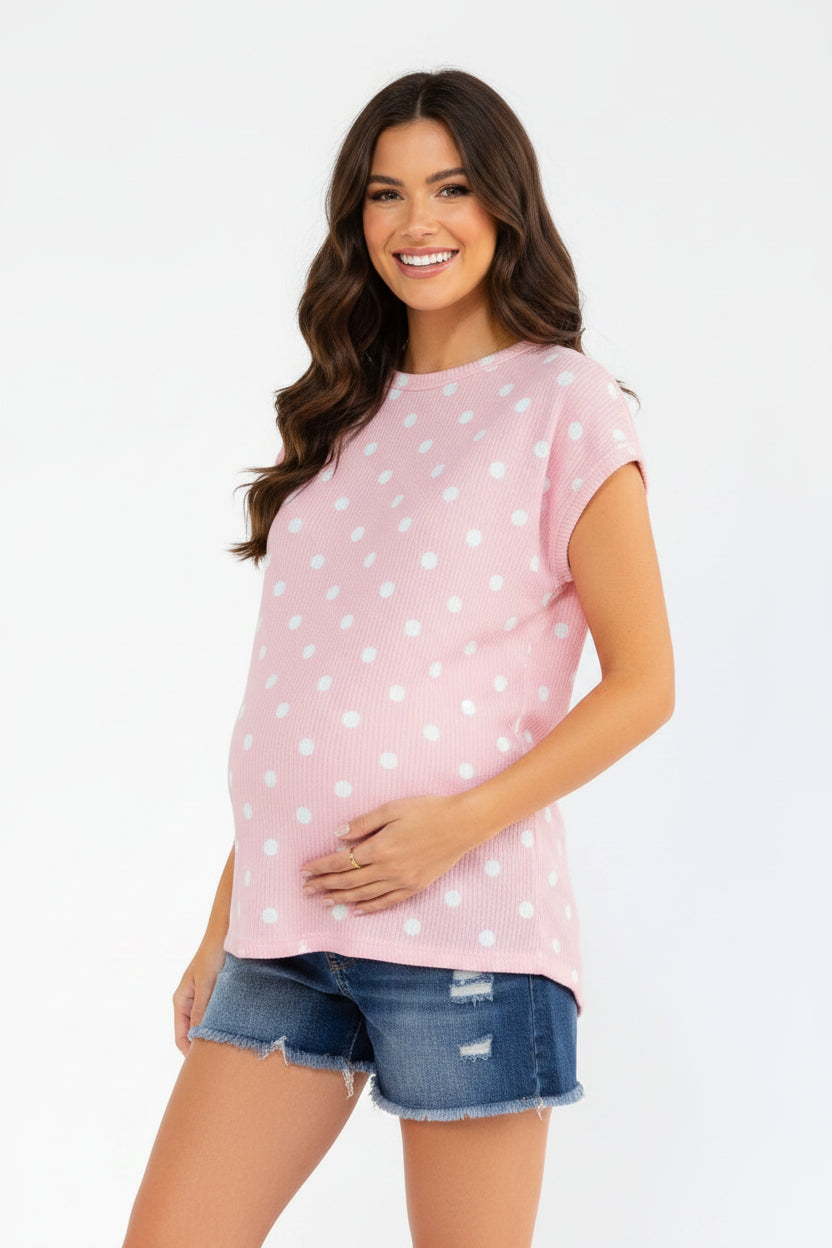 Pink Ribbed Tee with White Polka Dots
