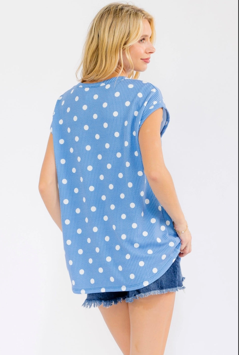 Blue Ribbed Tee with White Polka Dots