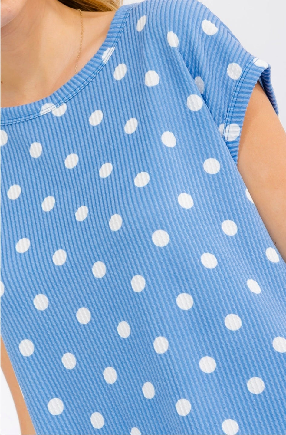 Blue Ribbed Tee with White Polka Dots