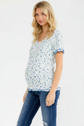 Dainty Blue Floral Tee with Lettuce Hem