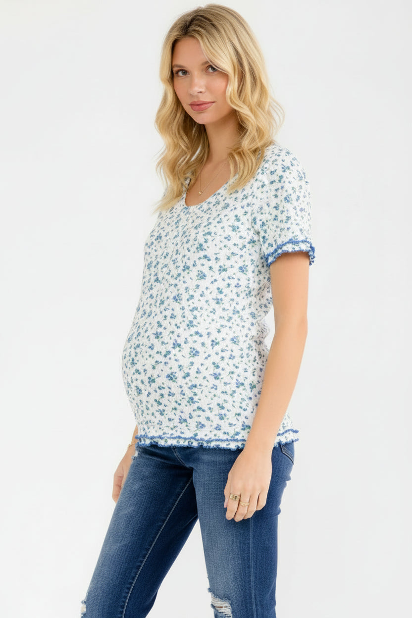 Dainty Blue Floral Tee with Lettuce Hem