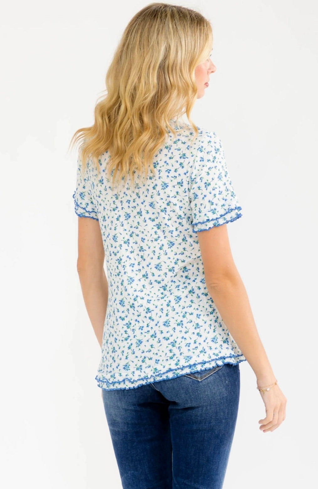Dainty Blue Floral Tee with Lettuce Hem