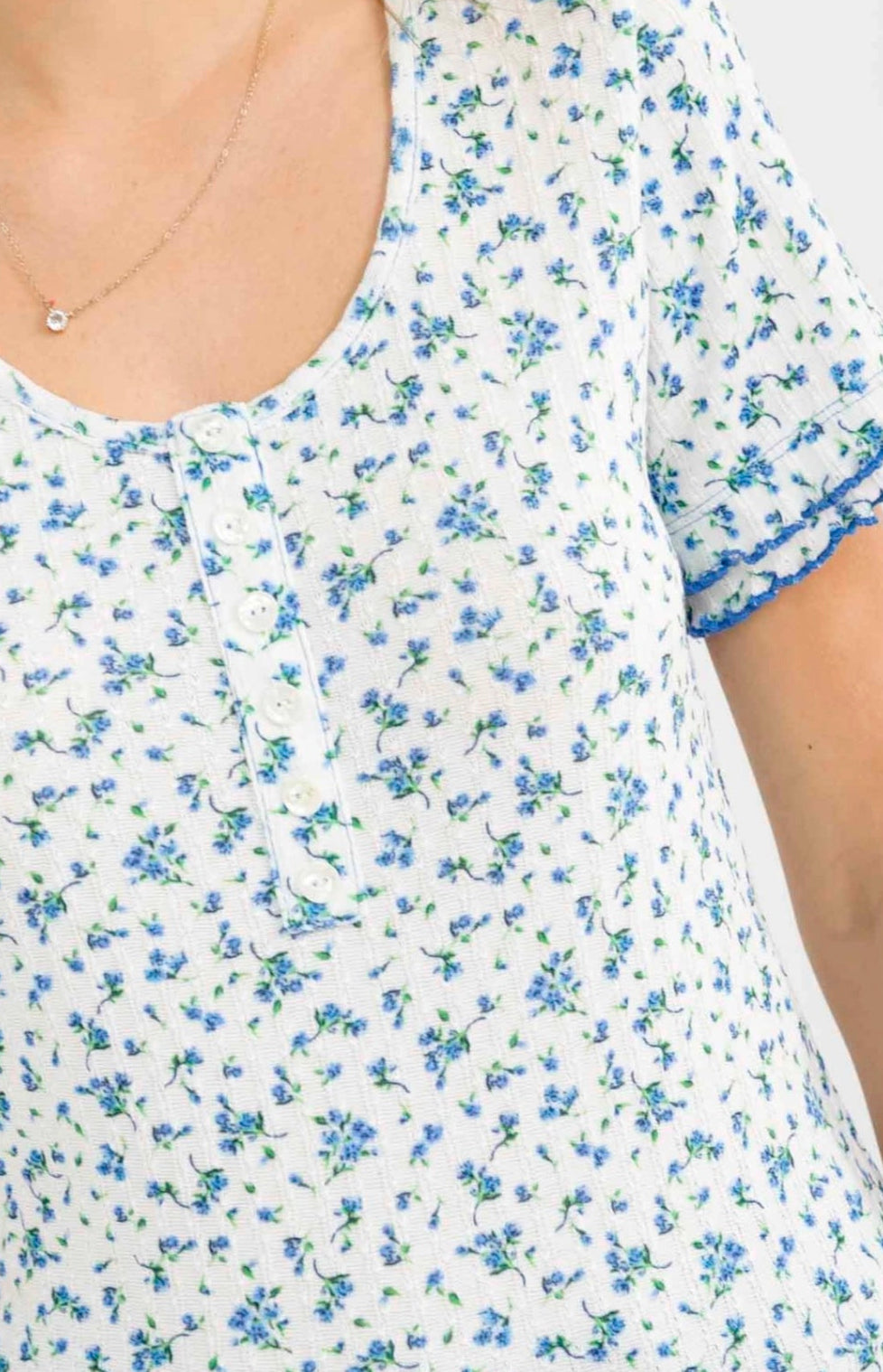 Dainty Blue Floral Tee with Lettuce Hem