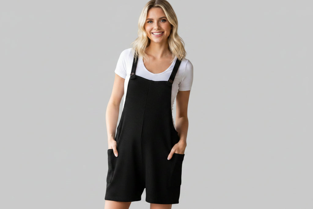 Black Ribbed Romper with Faux Buttons