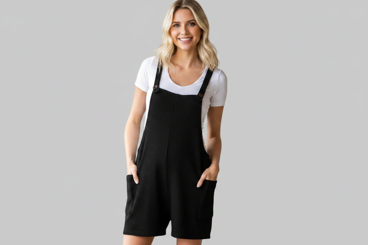 Black Ribbed Romper with Faux Buttons