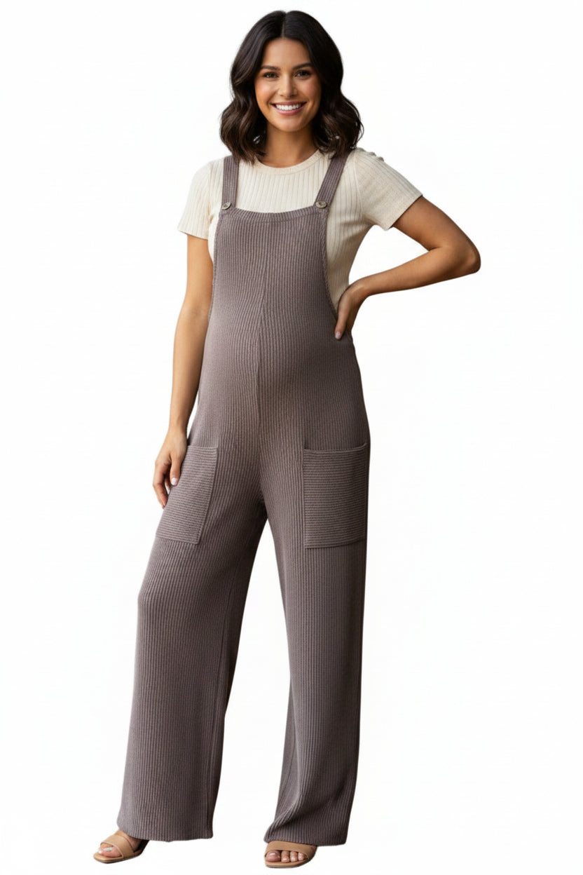 Brown Ribbed Jumpsuit with button straps S-XXXL