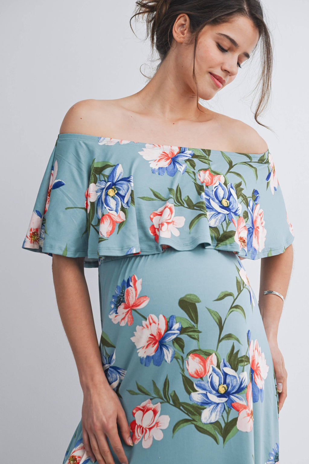 Sage Floral Off-Shoulder Maternity Maxi Dress