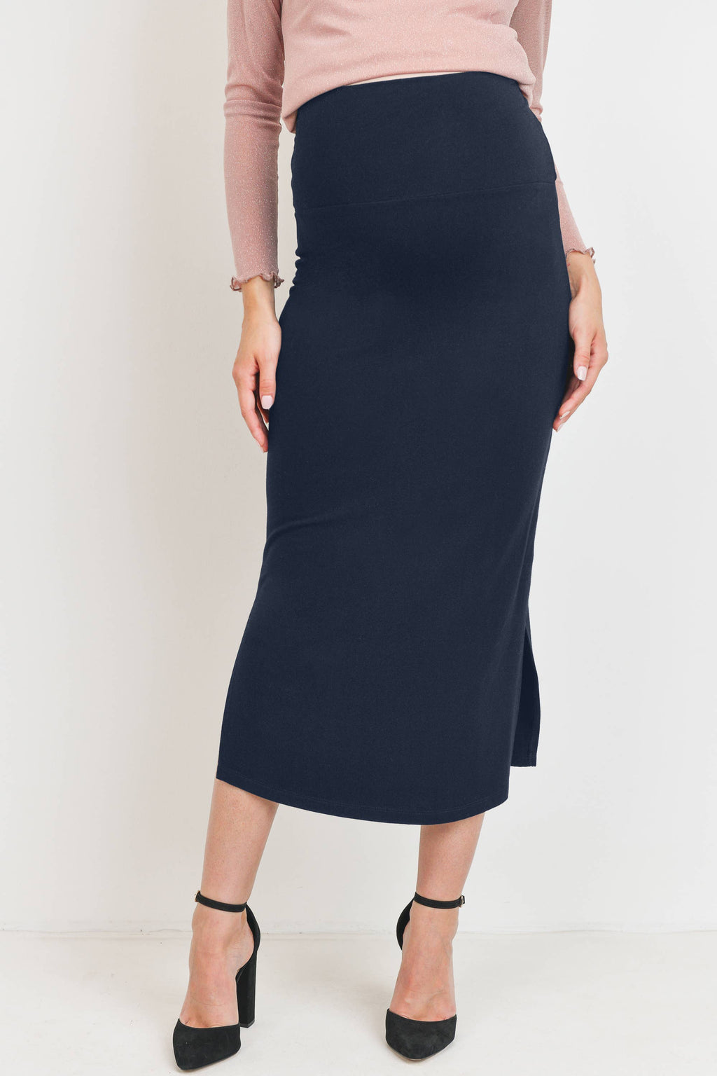 Black High-Waisted Maternity Midi Slit Skirt