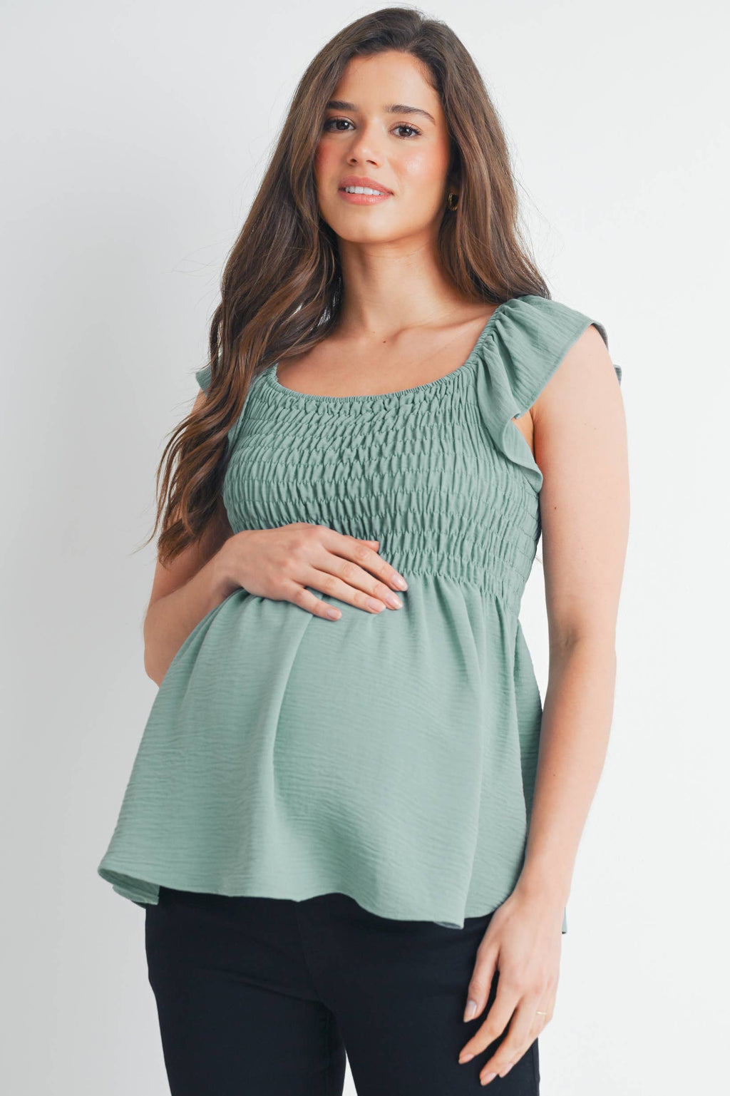 Sage Flutter Sleeve Smocked Maternity Top