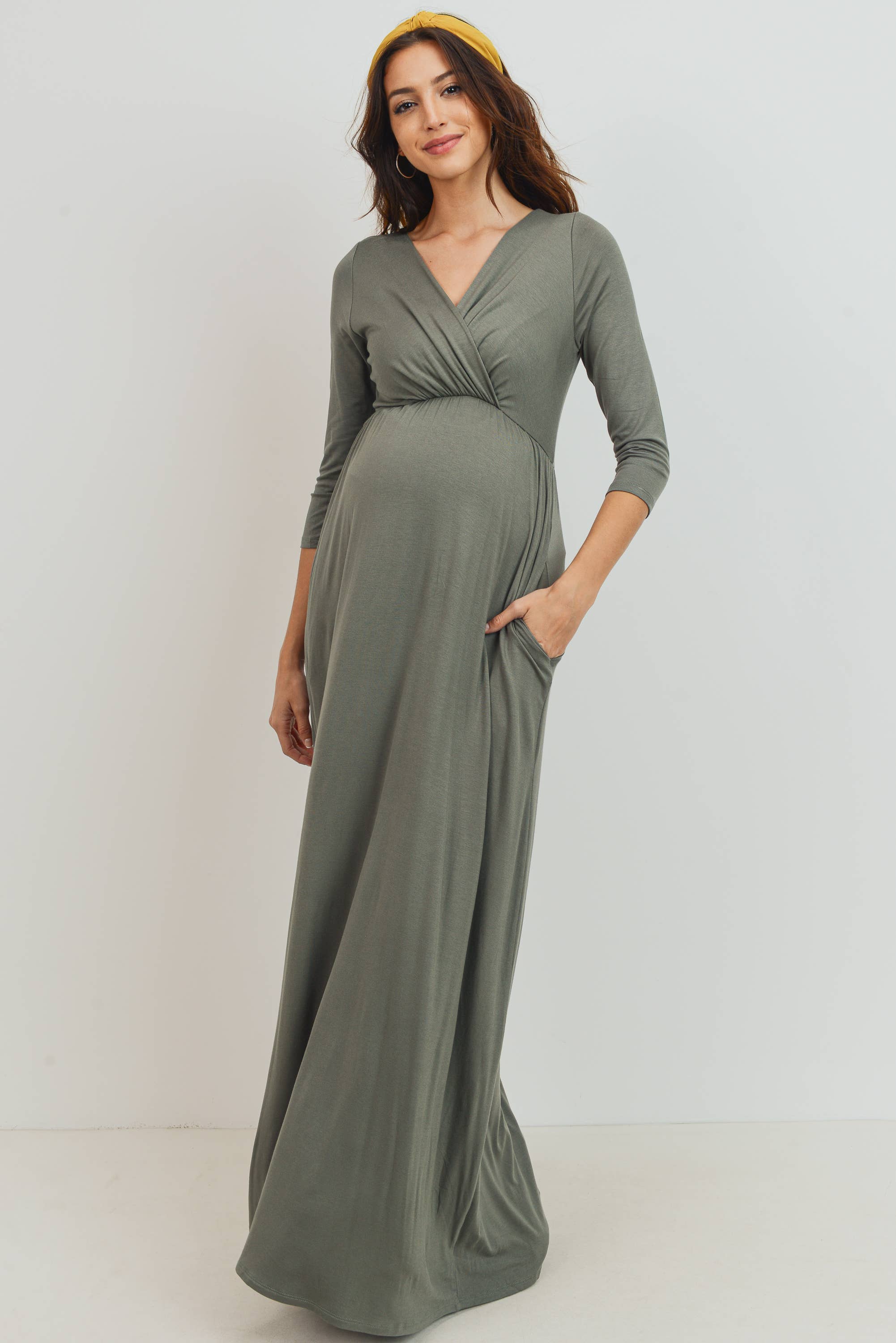 Olive Surplice Quarter Sleeve Nursing Maxi Dress