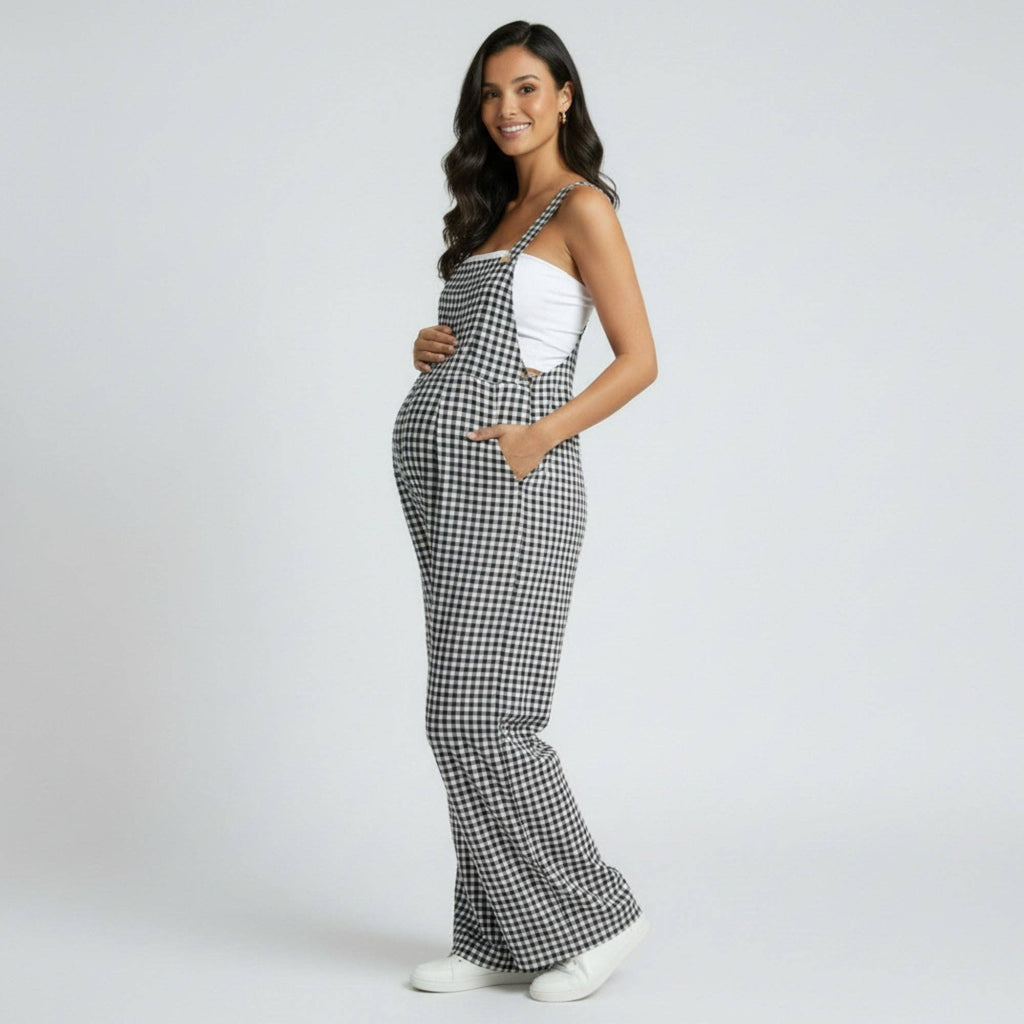 Maternity Gingham Wide Leg Jumpsuit with Adjustable Strap Overalls