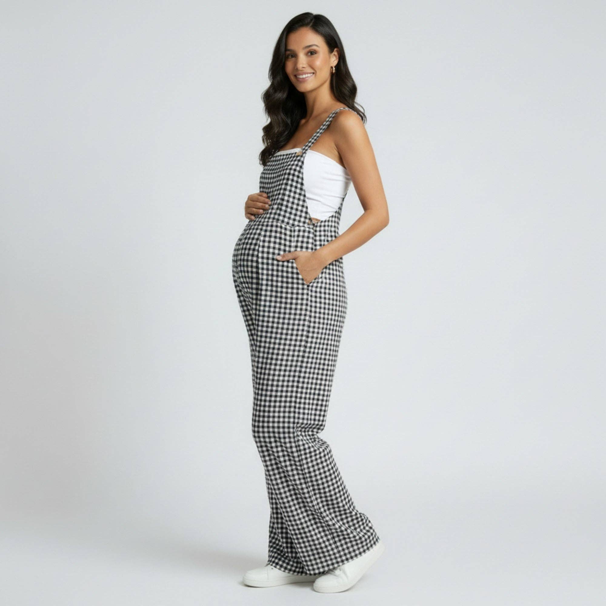 Maternity Gingham Wide Leg Jumpsuit with Adjustable Strap Overalls