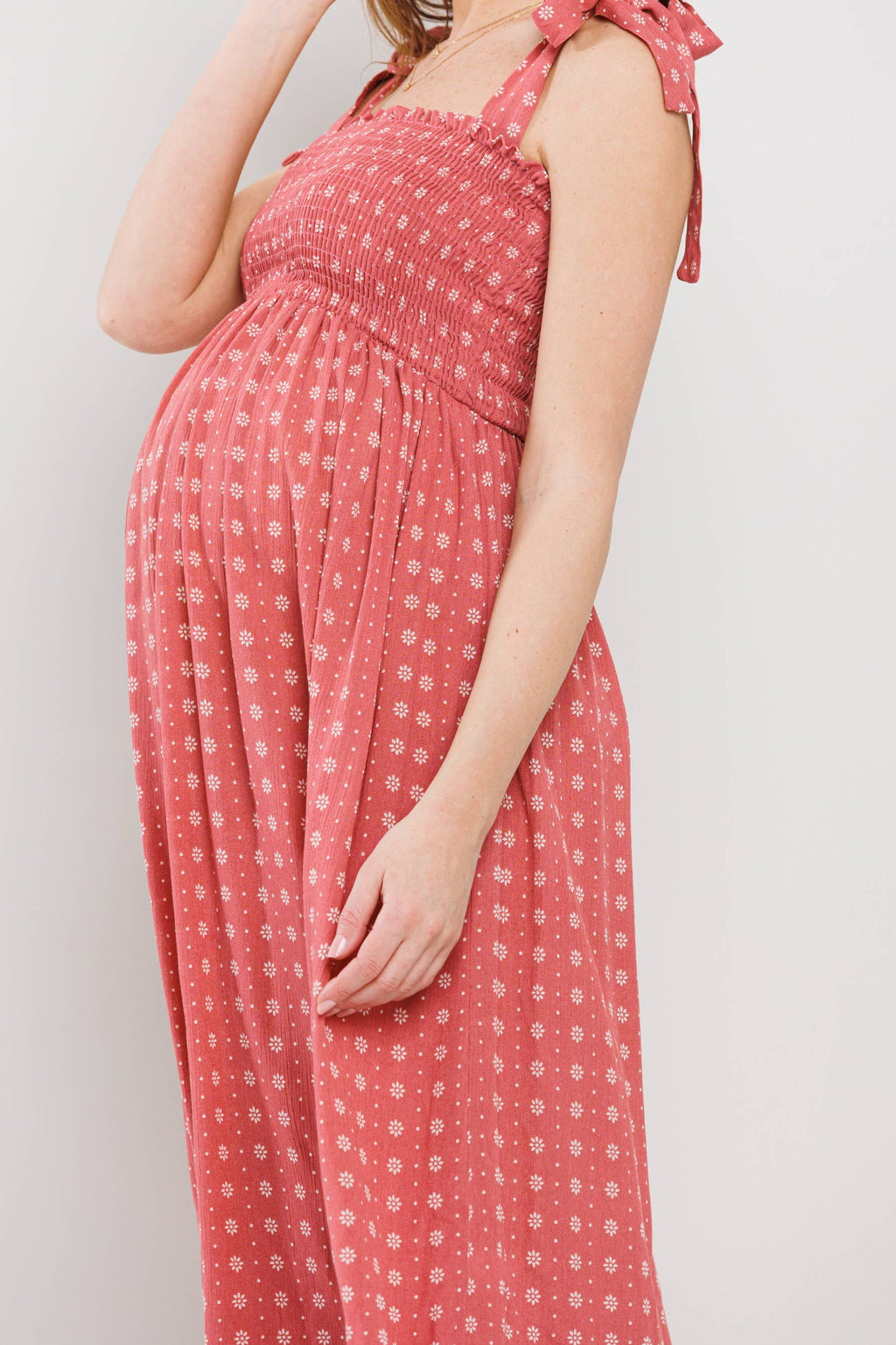 Marsala Floral Smocked Maternity Tie-Strap Midi Dress