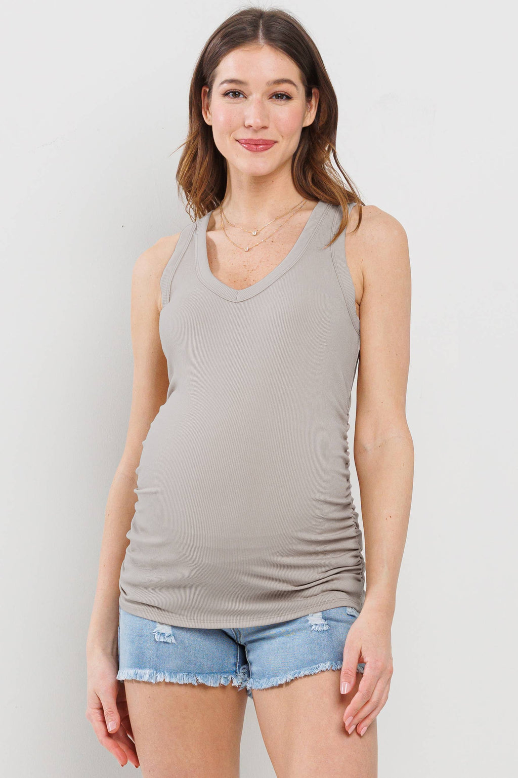 Sand Ruched V-Neck Maternity Ribbed Tank Top