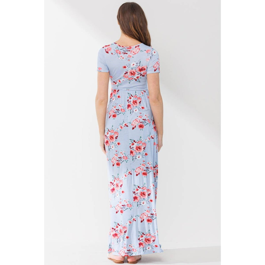 Chambray Short Sleeve Floral Maternity Nursing Maxi Dress