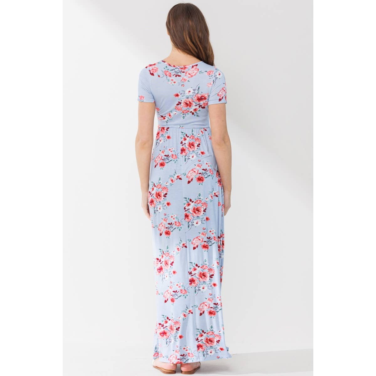 Chambray Short Sleeve Floral Maternity Nursing Maxi Dress