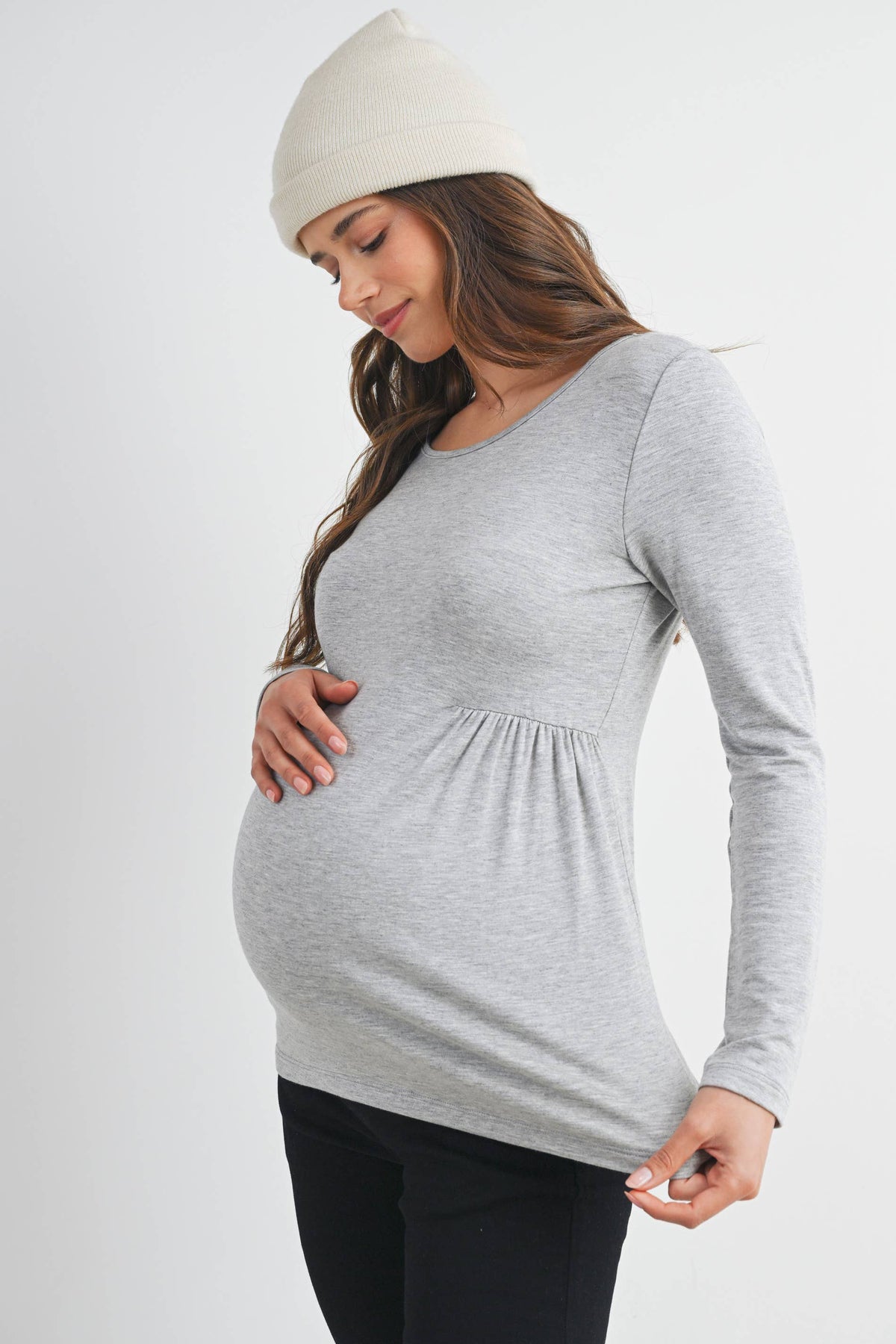 Heather Grey French Terry Long Sleeve Scoop Neck Maternity Top