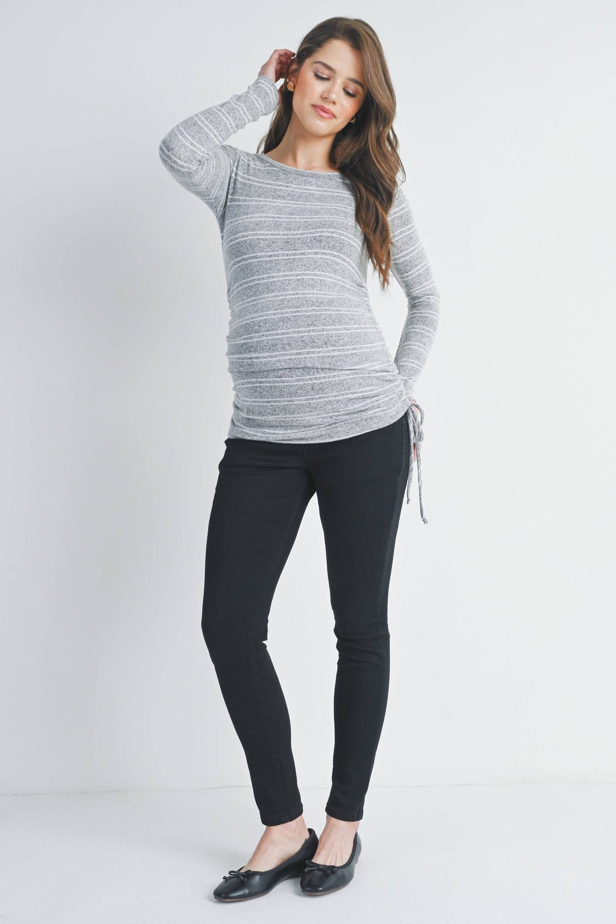 Gray/Ivory Striped Ruched Maternity Long Sleeve Knit Top