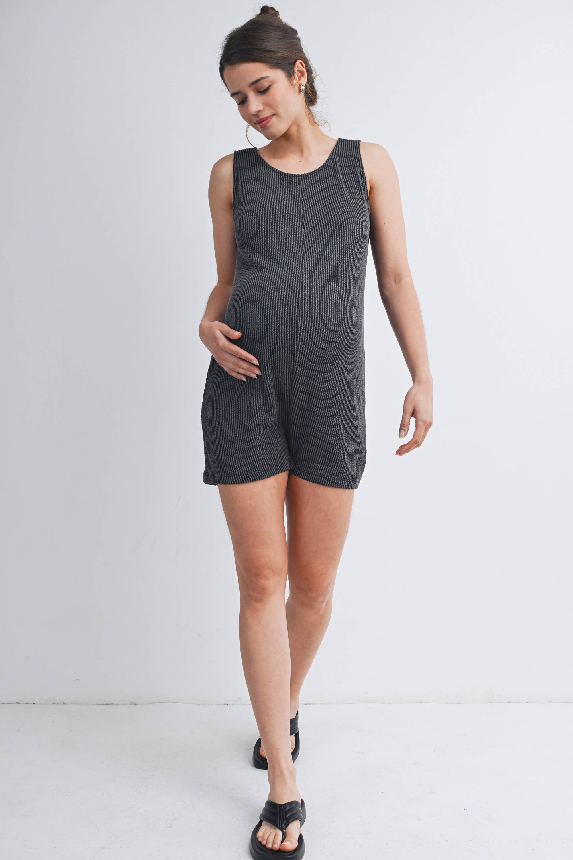 Charcoal Sleeveless Ribbed Knit Maternity Romper