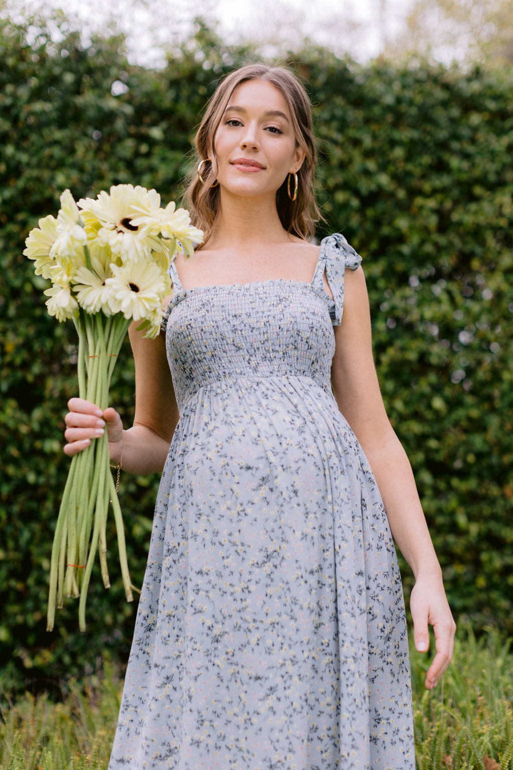 Sage Blue Floral Smocked Tie-Strap Maternity Midi Dress