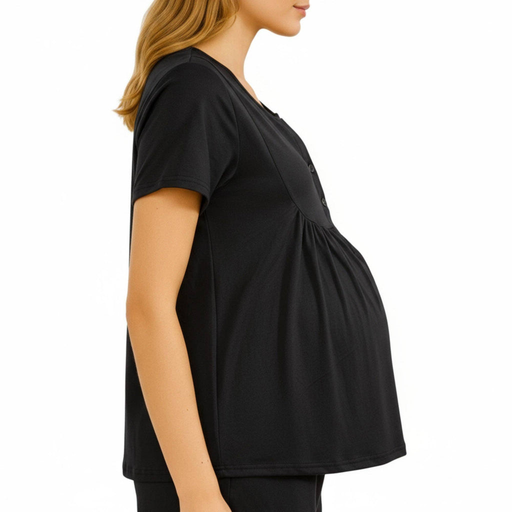 Black 2-Piece Maternity Pajama Set with Short Sleeve Henley Top