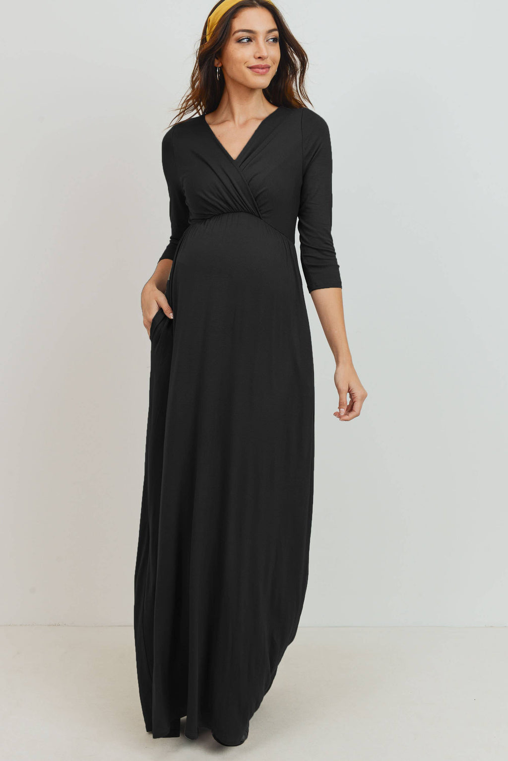 Black Surplice Quarter Sleeve Nursing Maxi Dress