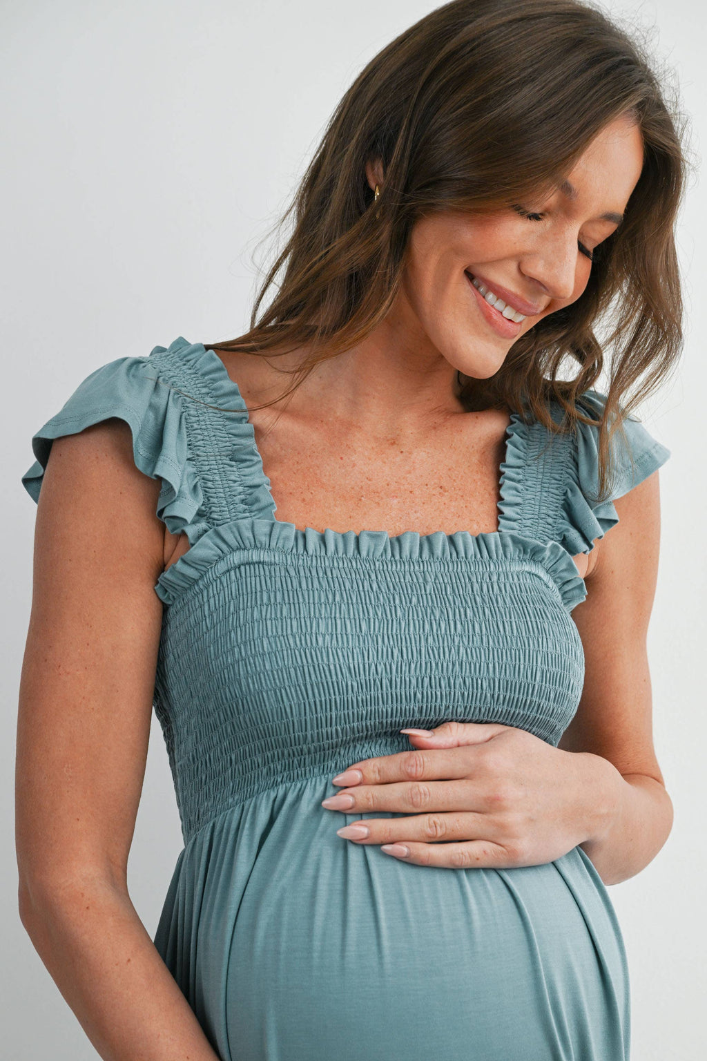 Sage Smocked Tiered Maternity Mini Dress with Flutter Sleeves