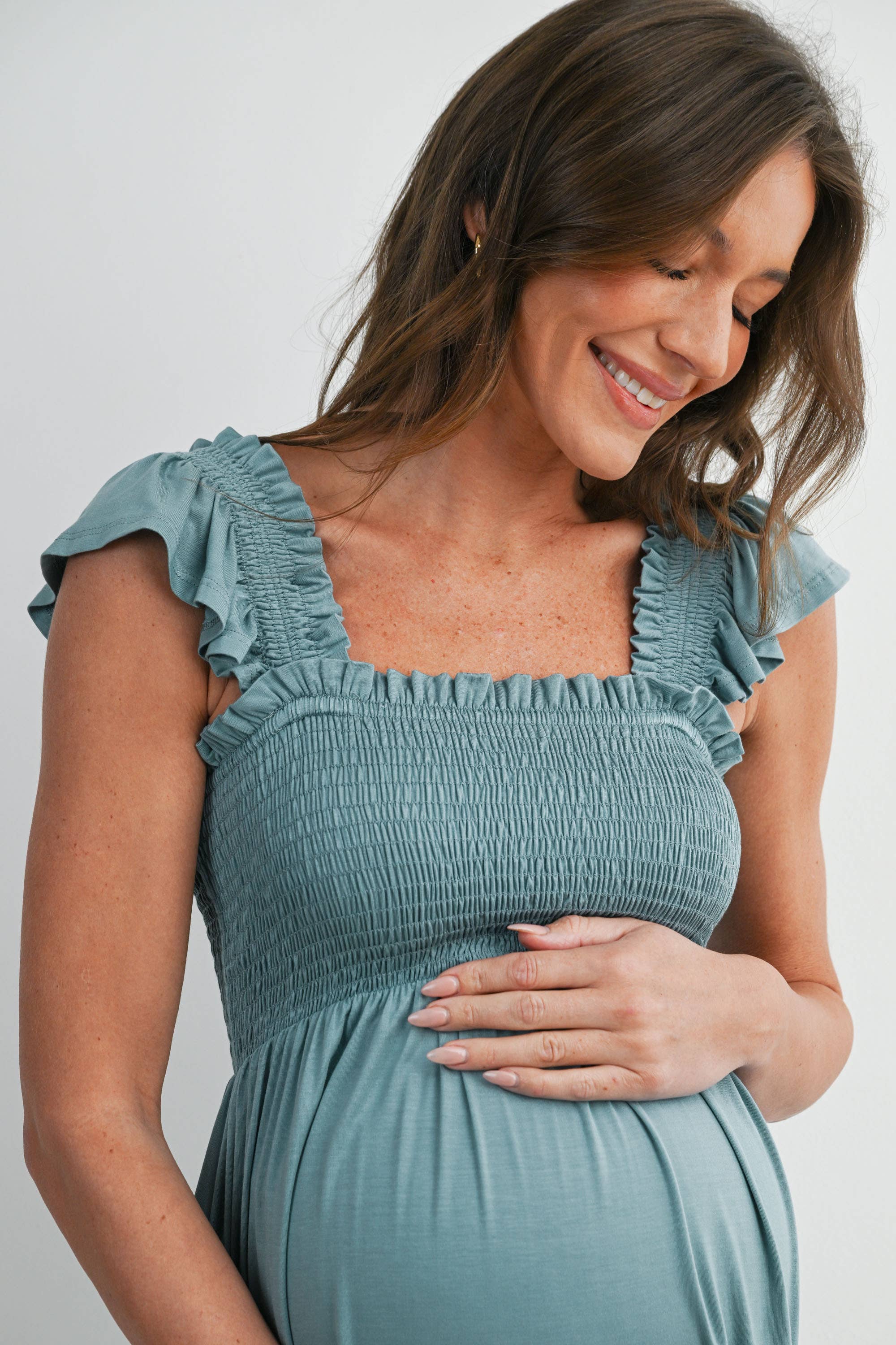 Sage Smocked Tiered Maternity Mini Dress with Flutter Sleeves