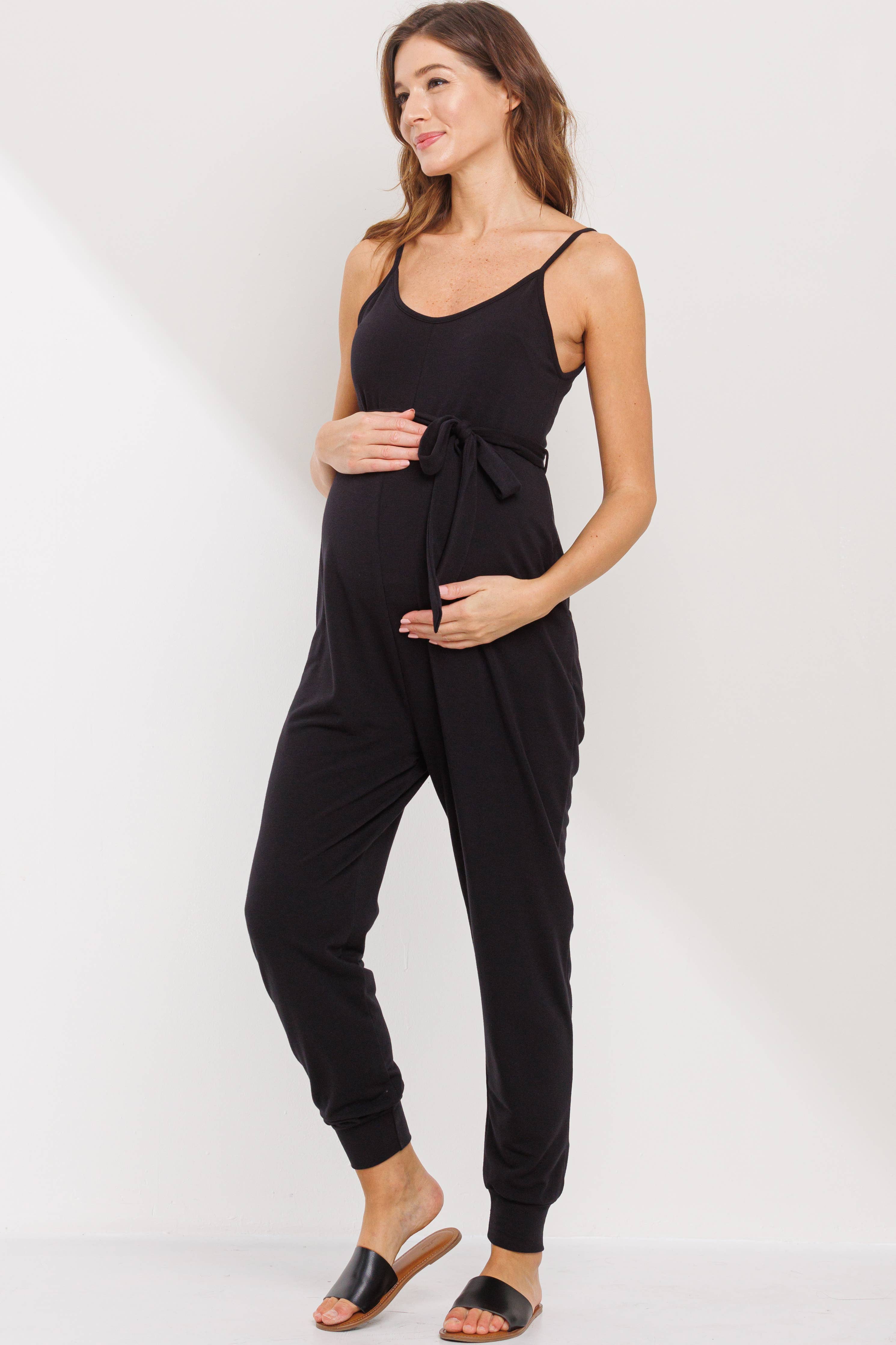 Black Sleeveless Belted Maternity Knit Jumpsuit