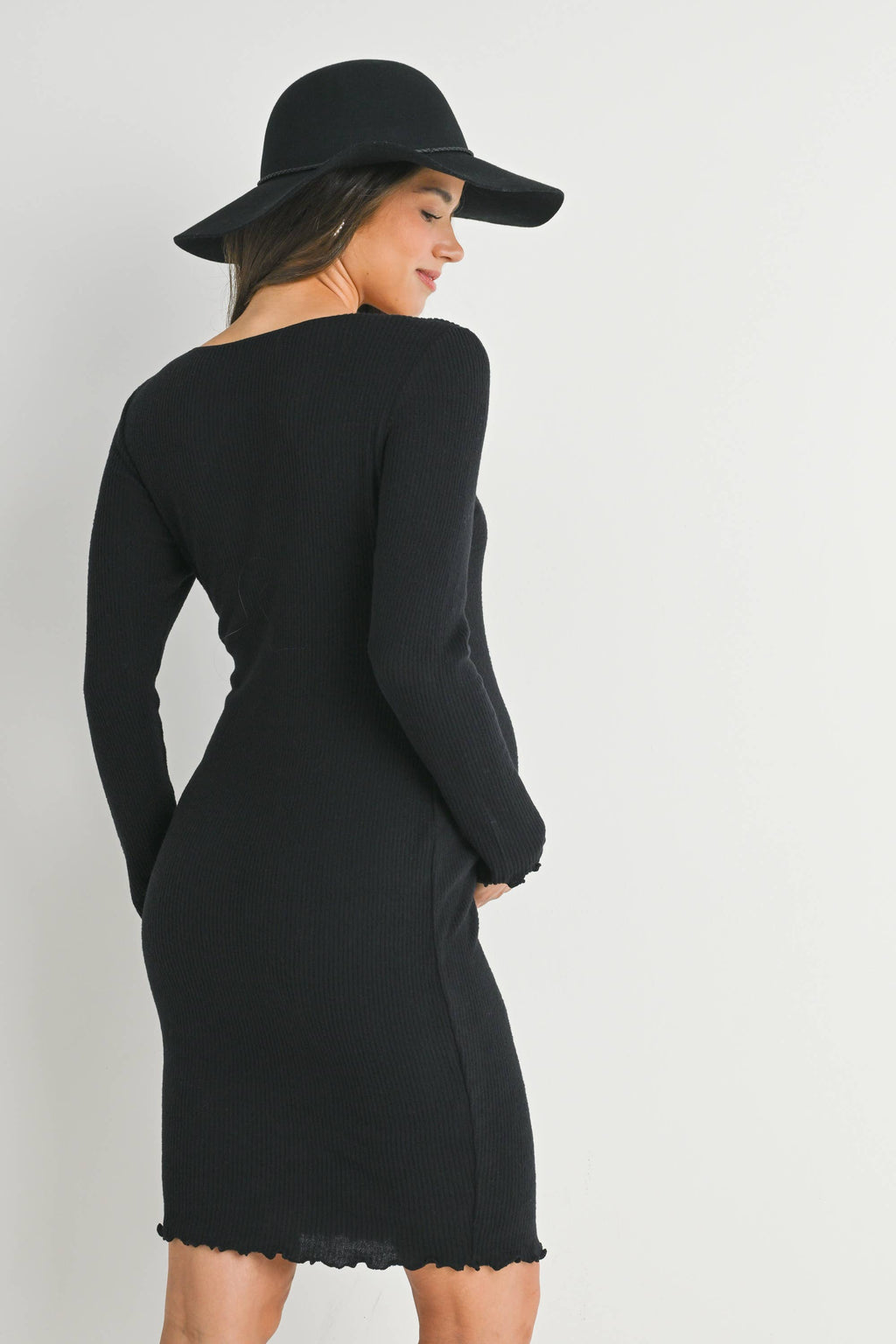 Black Ribbed Lettuce Edge Long Sleeve Maternity Dress