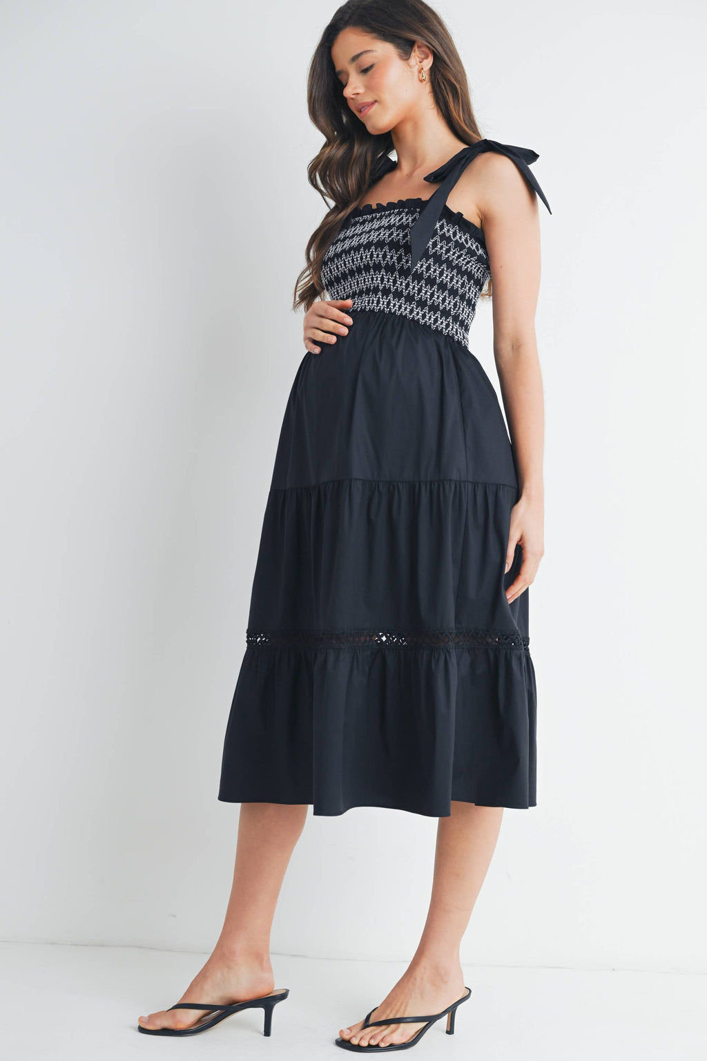 Black Smocked Tie-Strap Maternity Ruffle Midi Dress