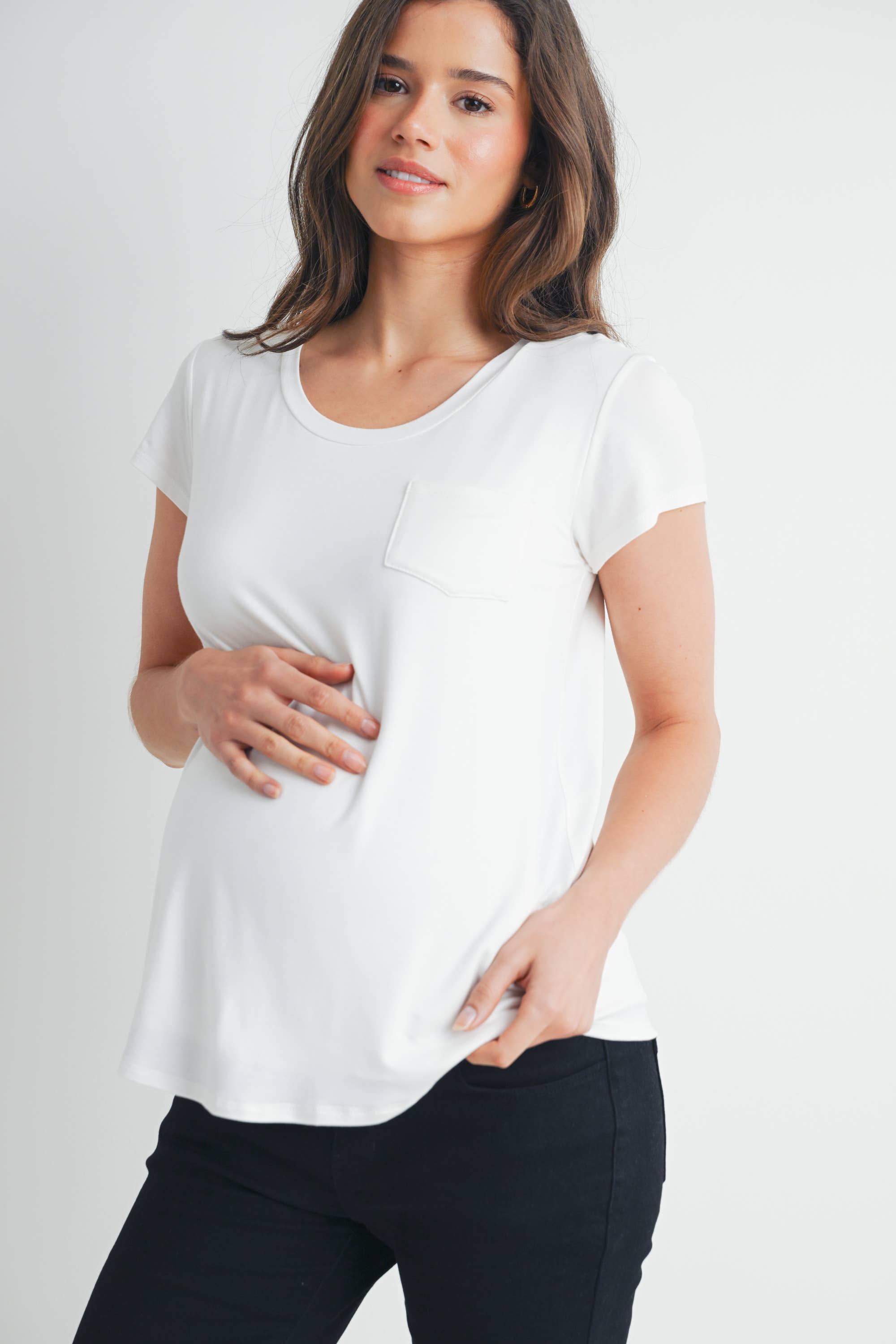 White Round Neck Maternity to Nursing Pocket T-Shirt