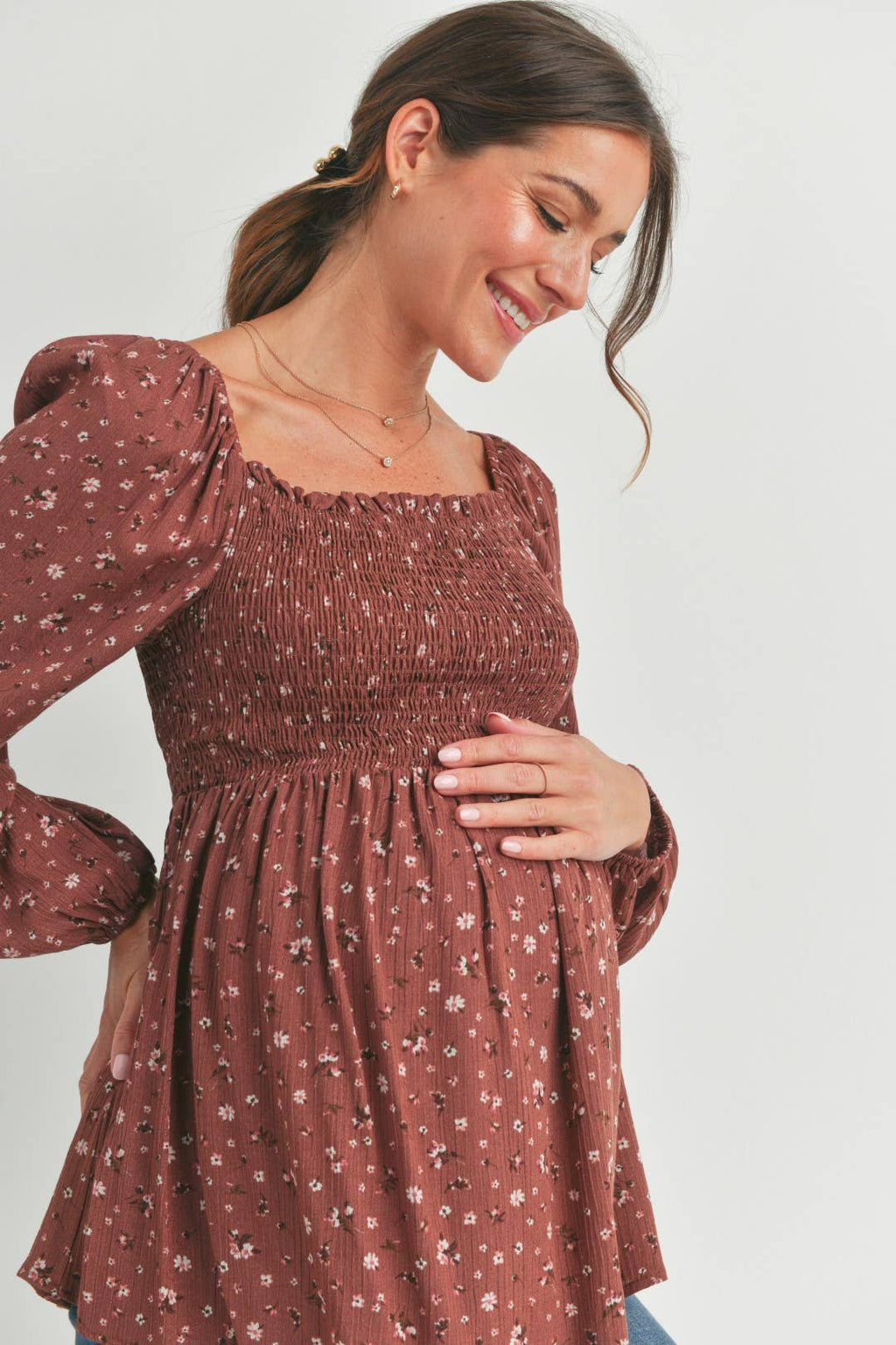 Brown Floral Print Smocked Maternity Blouse