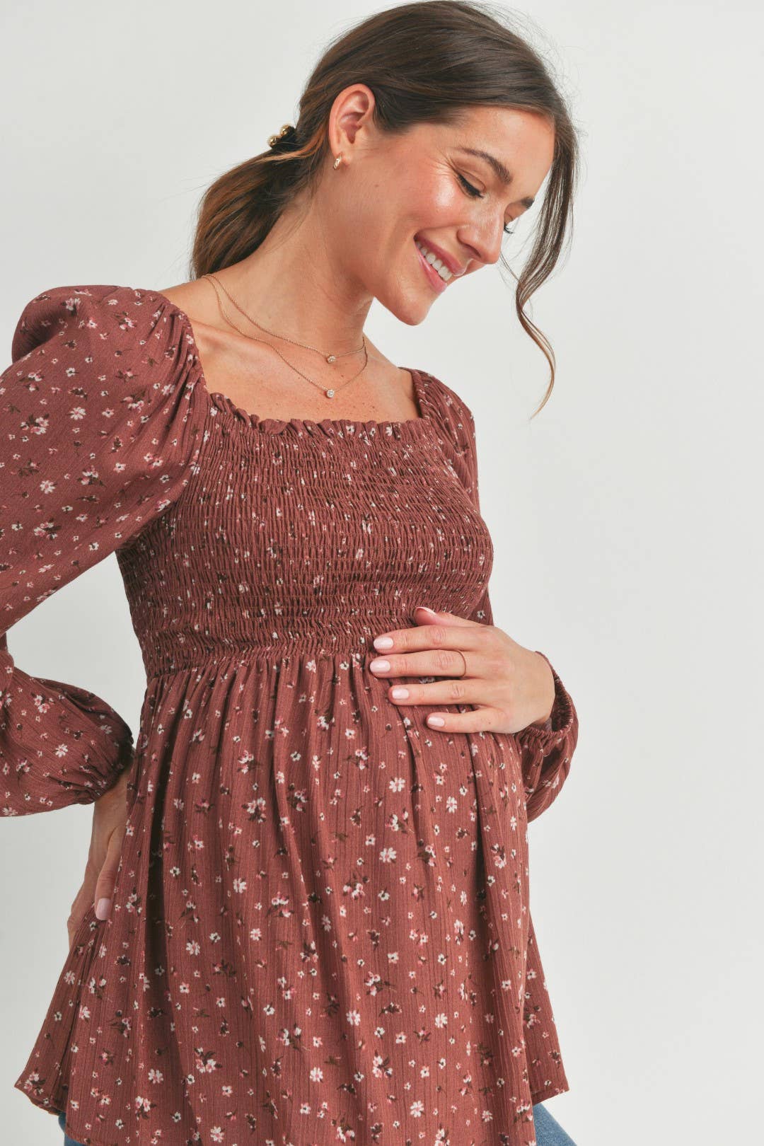 Brown Floral Print Smocked Maternity Blouse