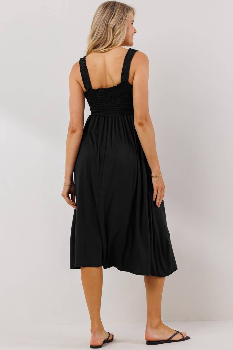 Black Smocked Sleeveless Midi dress
