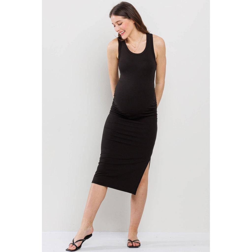Black Ruched Sleeveless Maternity Midi Dress
