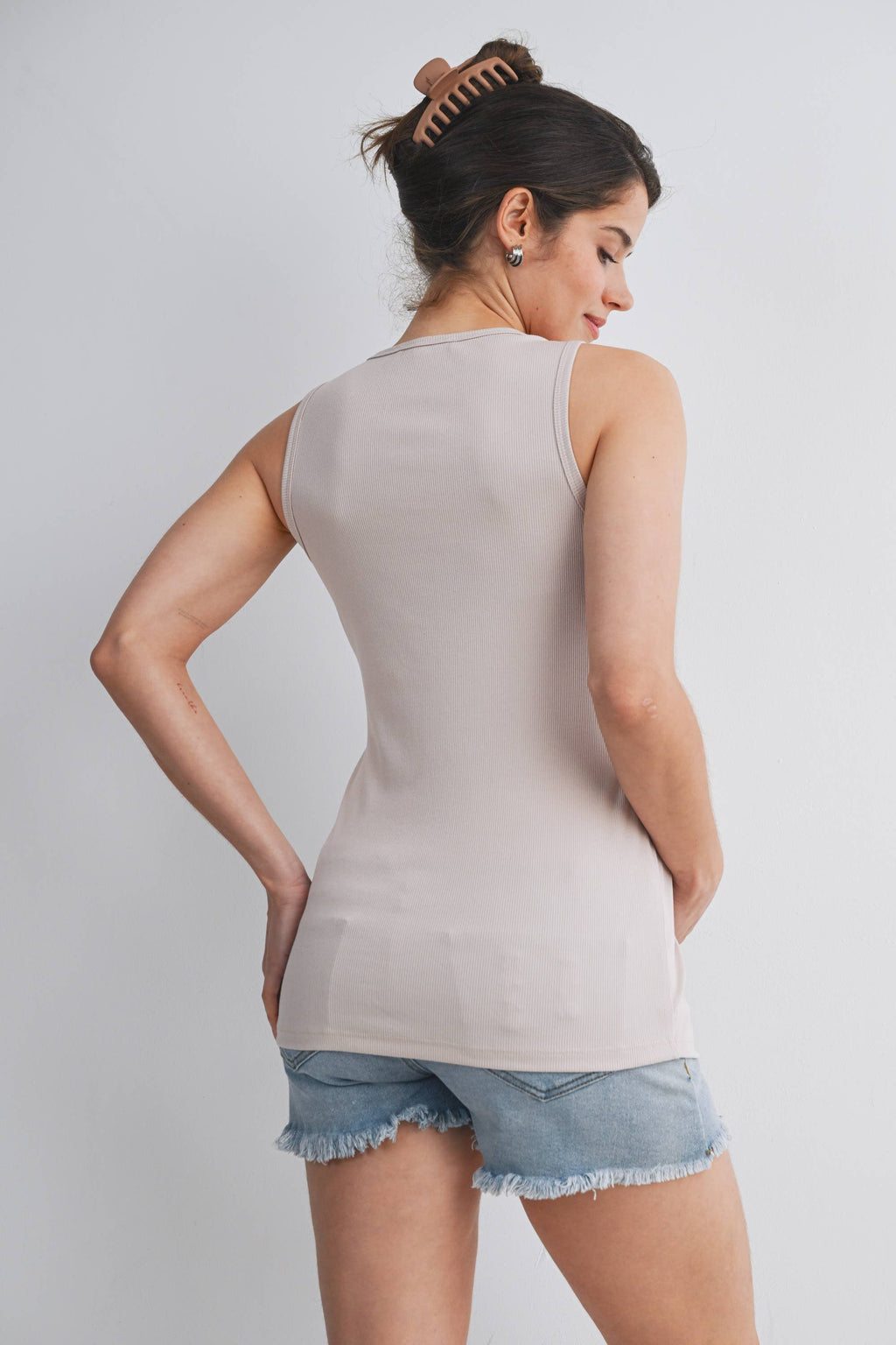 Beige Sleeveless Maternity Nursing Double-Layer Tank Top