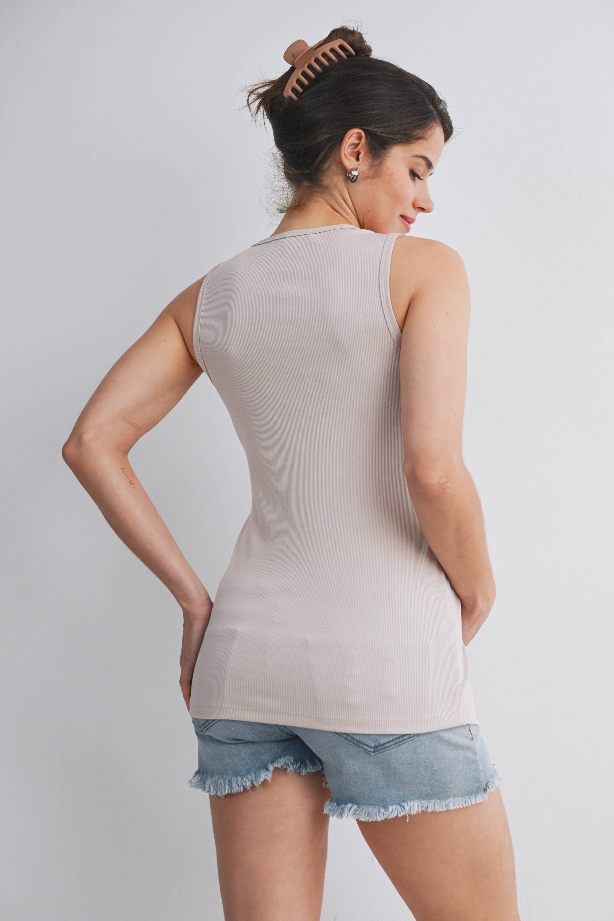 Beige Sleeveless Maternity Nursing Double-Layer Tank Top