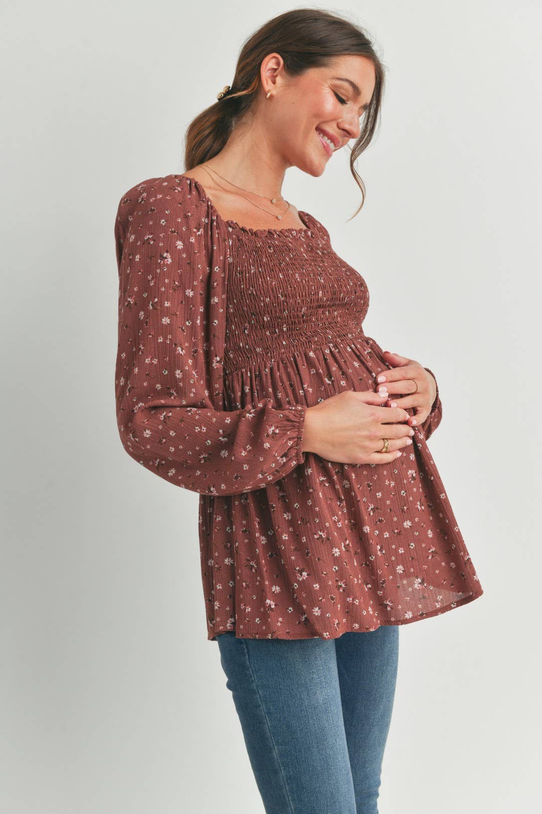 Brown Floral Print Smocked Maternity Blouse