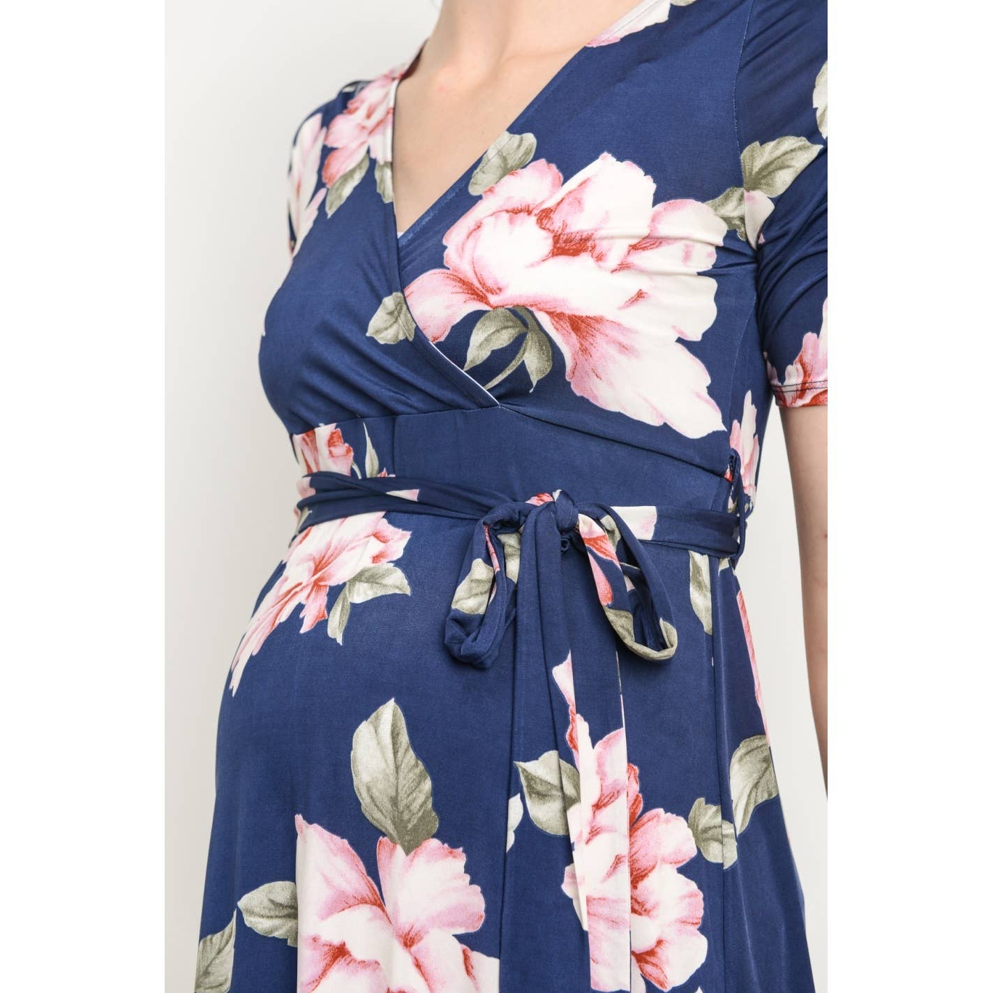 Navy Blue Floral High-Low Nursing Surplice Dress