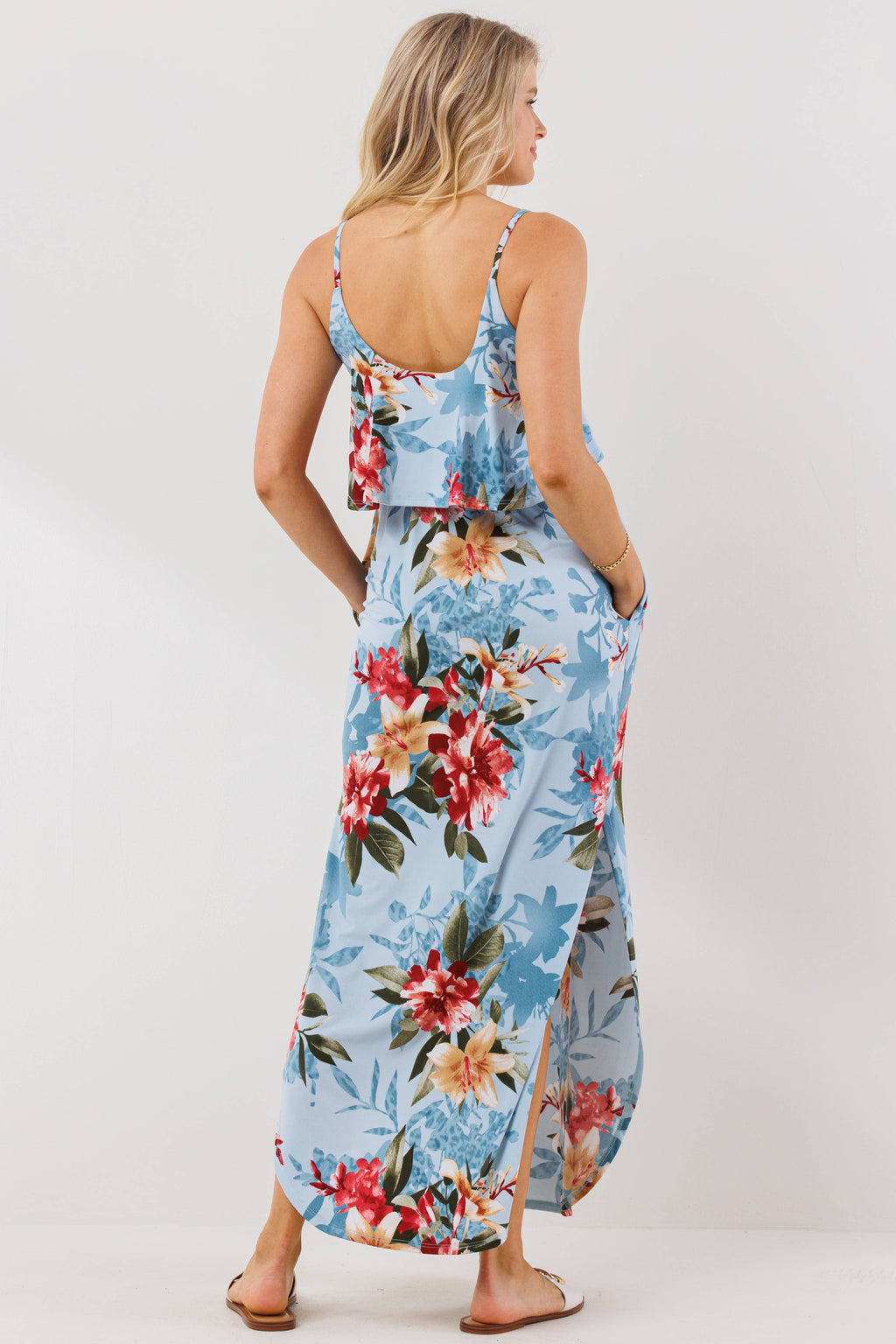 Blue Tropical Floral Maternity Sleeveless Maxi Dress