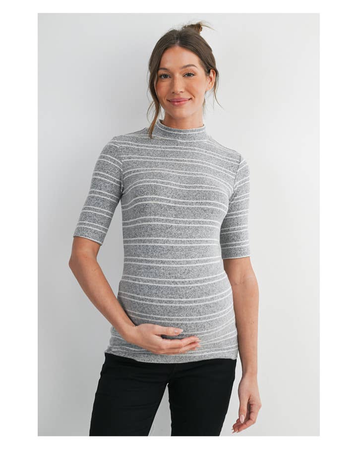 Grey & White Soft Knit Striped Mock Neck Top