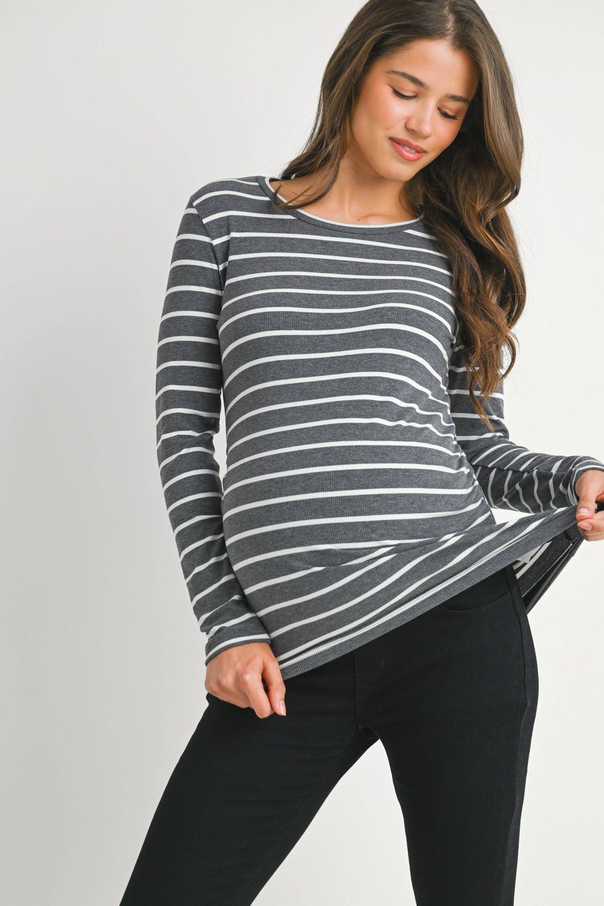 Charcoal/White Striped Ribbed Long Sleeve Top