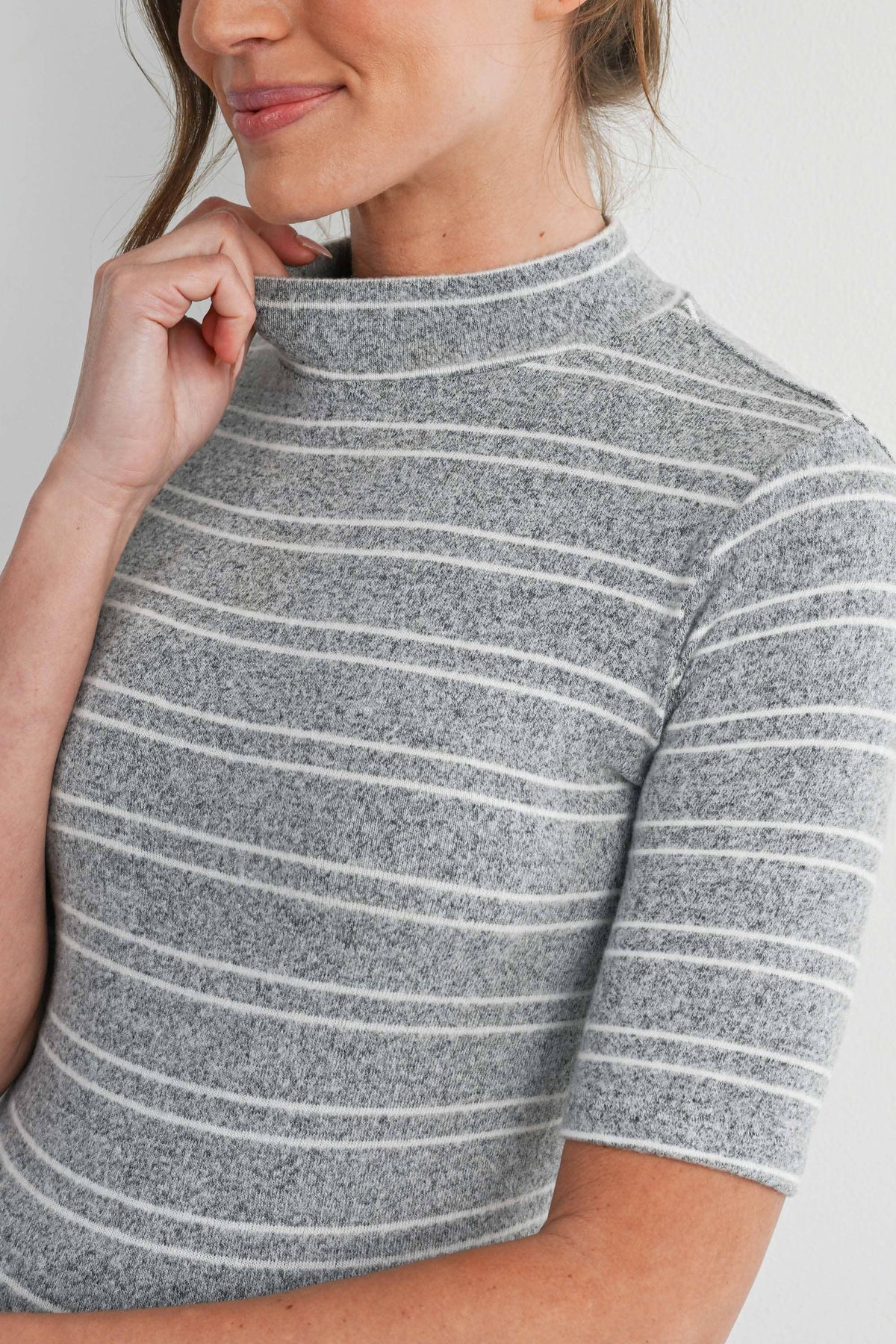 Grey & White Soft Knit Striped Mock Neck Top