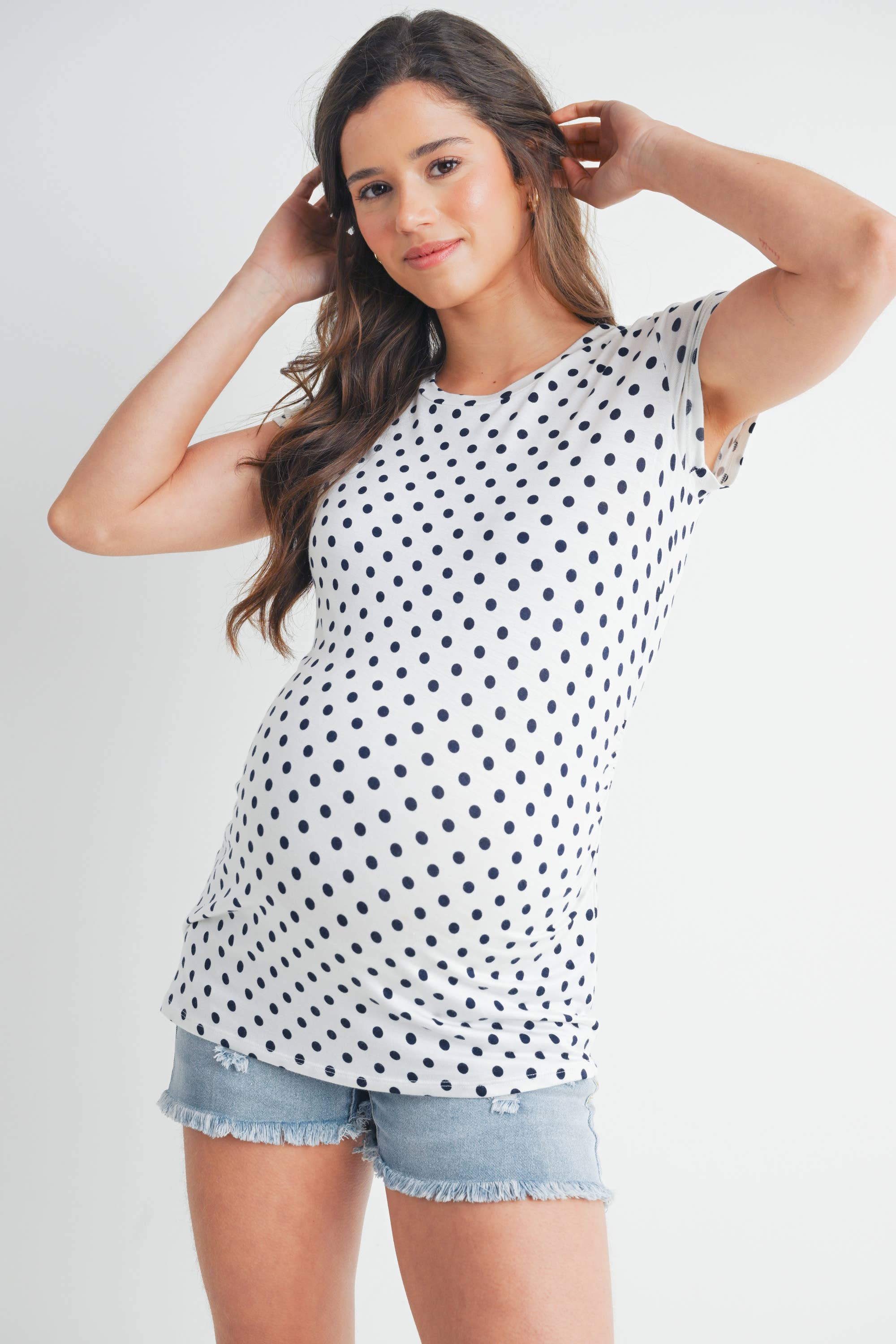 Ivory with Blue Polka Dots Polka Dot Short Sleeve Maternity T-Shirt