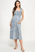 Light Blue Smocked Sleeveless Maternity Midi Dress