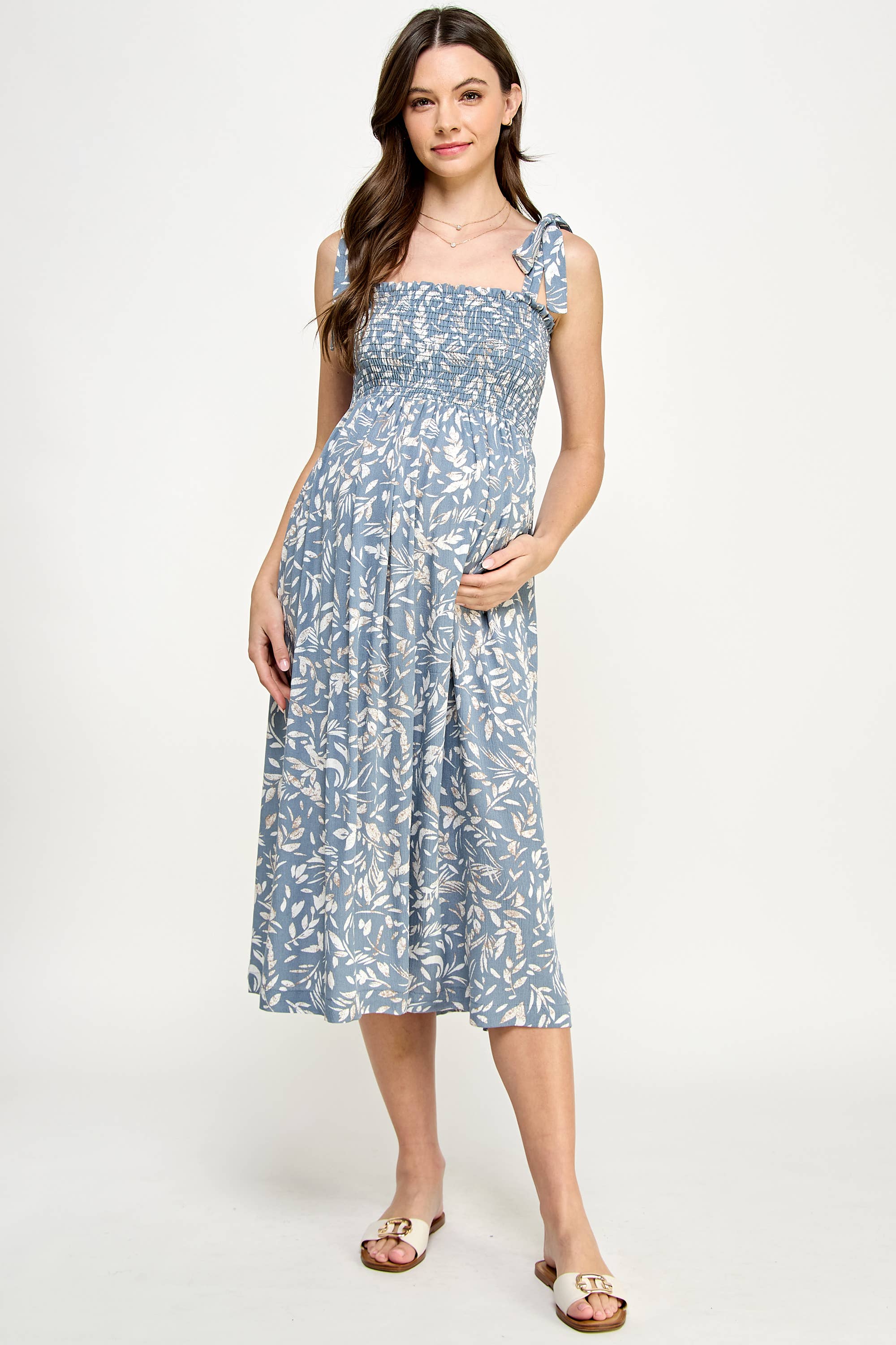 Light Blue Smocked Sleeveless Maternity Midi Dress
