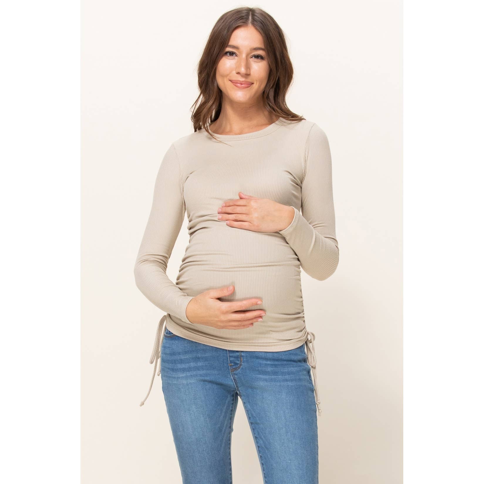 Taupe Ribbed Adjustable Ruching with Tie Long Sleeve Top