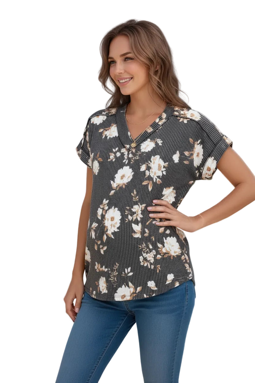 Ribbed V Neck Floral Top