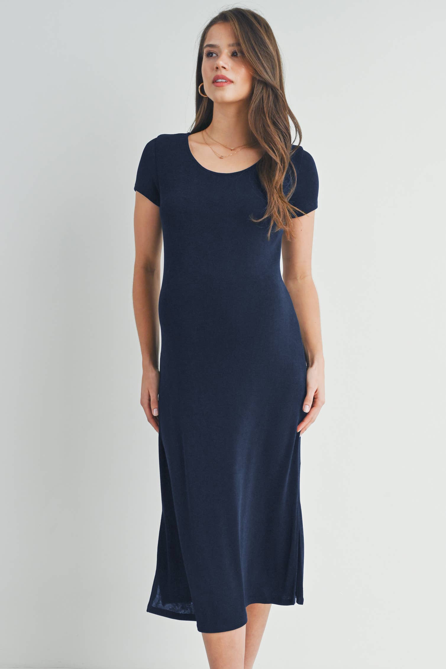 Black Round Neck Double Slit Maternity Midi Dress